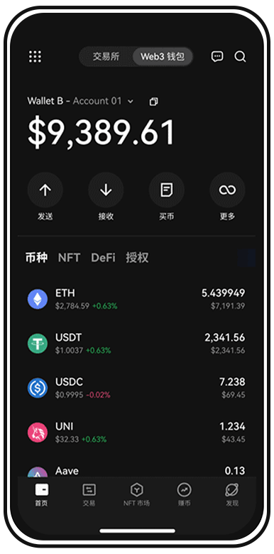 数字资产钱包应用界面示意